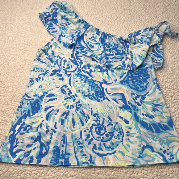 Lilly Pulitzer One Shoulder Blue White Ruffle Seashell Print Top XS - Picture 8 of 9